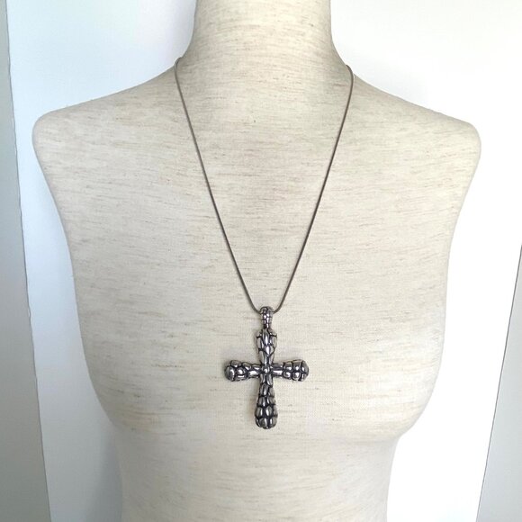 Sterling Silver 925 RB Chunky Pebbled Dot Pattern Cross Pendant Necklace 24" - Picture 2 of 16